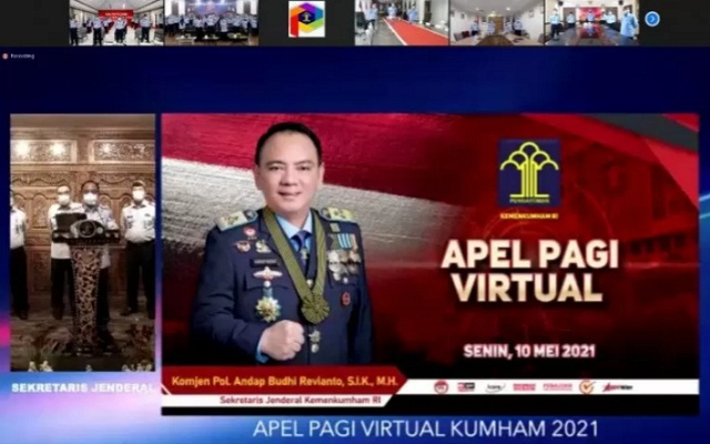 Apel pagi yang digelar secara virtual dari Gedung Sekretariat Jendral Kemenkumham RI, di Jakarta