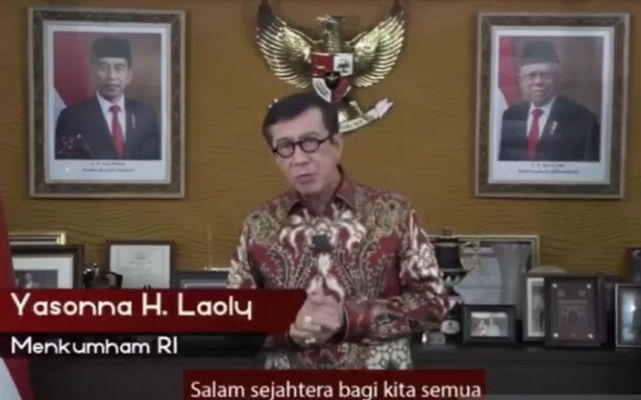 Tangkapan layar Menteri Hukum dan HAM Yasonna Laoly dalam acara Puncak Hari Anak Nasional secara daring